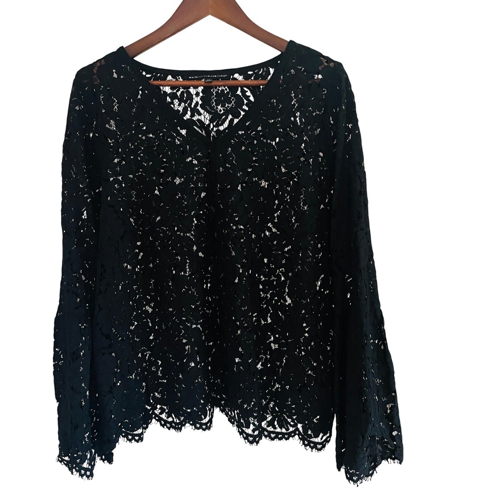 Womens Whimsigoth Victorian Floral Lace Bell Sleeve Top 1X V-Neck Sheer Romantic